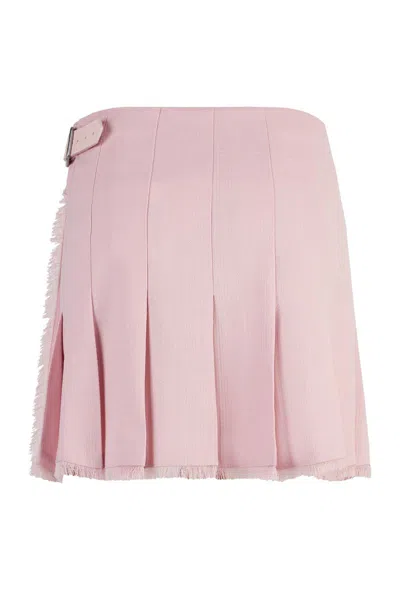 Burberry Wool Miniskirt With Buckle And Fringed Hem In Pink