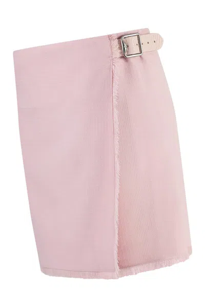 Burberry Wool Miniskirt With Buckle And Fringed Hem In Pink