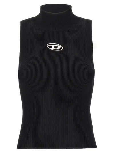 Diesel Black Tank Top With D Logo Cut-out In Ribbed Jersey Woman In Black