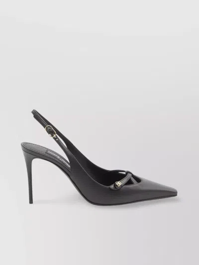 Dolce & Gabbana Leather Slingback With Metal Monogram In Black