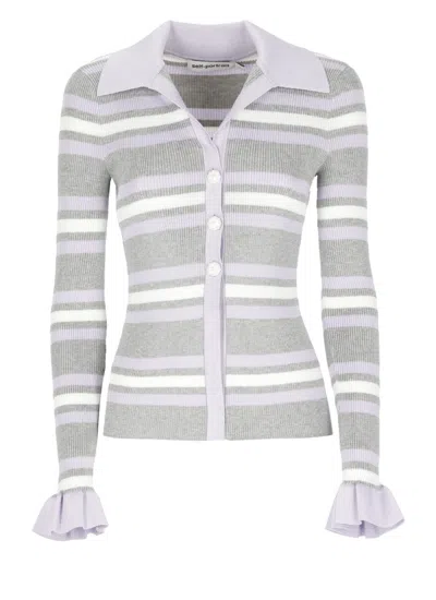 Self-portrait Grey Cardigan With Spread Collar And All-over Striped Motif In Viscose Blend Woman In White