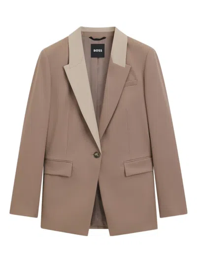 Hugo Boss Womens Open Brown Colour-block Lapel Single-breasted Virgin-wool Blazer In Brown