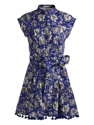Alice And Olivia Lucy Cuffed Cap Sleeve Mini Shirt Dress Blooming Wild Indigo In Blue