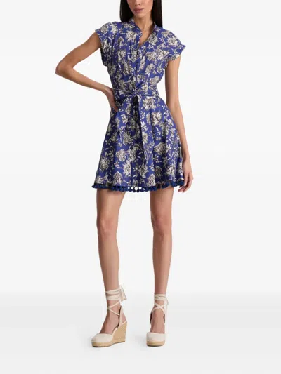 Alice And Olivia Lucy Cuffed Cap Sleeve Mini Shirt Dress Blooming Wild Indigo In Blue