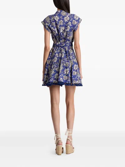 Alice And Olivia Lucy Cuffed Cap Sleeve Mini Shirt Dress Blooming Wild Indigo In Blue