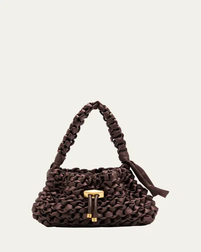 Jimmy Choo Cinch Small Woven Satin Drawstring Top Handle Bag In Gold