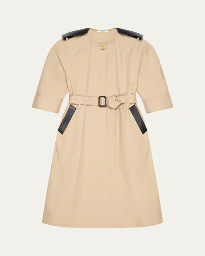 Givenchy Leather-trim Belted Cotton Twill Midi Cocoon Dress In Neutral