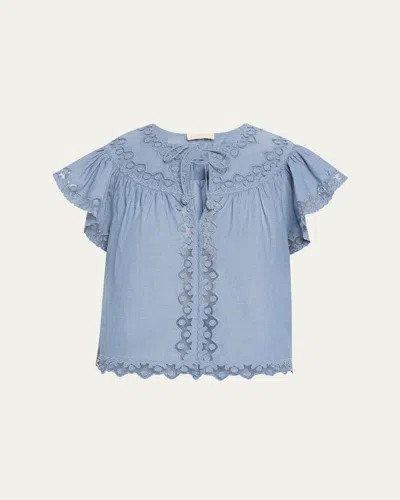 Ulla Johnson Effie Embroidered Mesh-trimmed Cotton-chambray Blouse In Blue