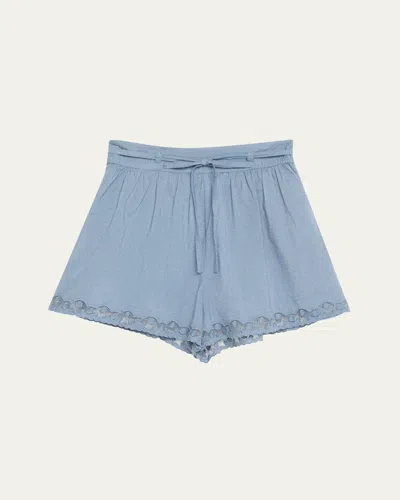Ulla Johnson Elowen Belted Tulle-trimmed Embroidered Cotton-chambray Shorts In Blue
