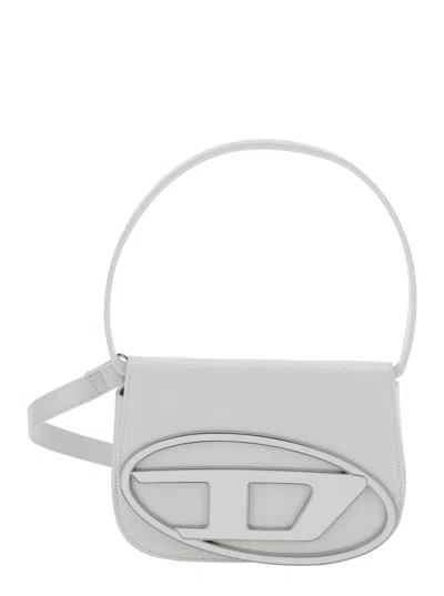 Diesel 1dr White Shoulder Bag With Oval D Patch In Leather Woman
