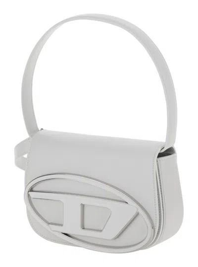Diesel 1dr White Shoulder Bag With Oval D Patch In Leather Woman