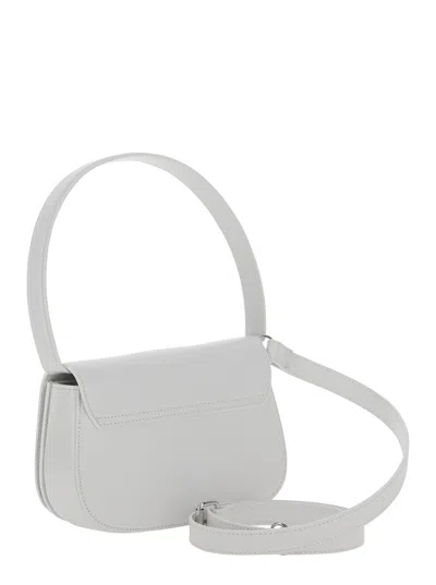 Diesel 1dr White Shoulder Bag With Oval D Patch In Leather Woman