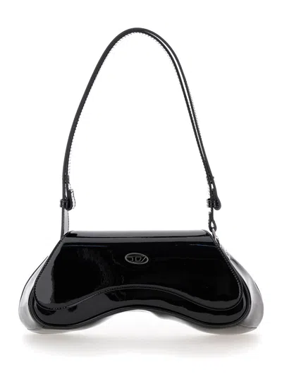Diesel Curved Black Play Clutch With Glossy Finish And Magnetic Closure In Black