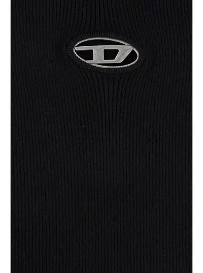 Diesel Women Black U Neck Dress With D-logo In Ribbed Fabric Woman In Black
