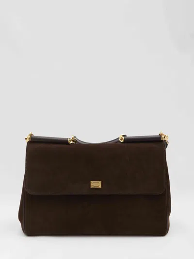 Dolce & Gabbana Sicily Small Leather-trimmed Suede Shoulder Bag In Brown