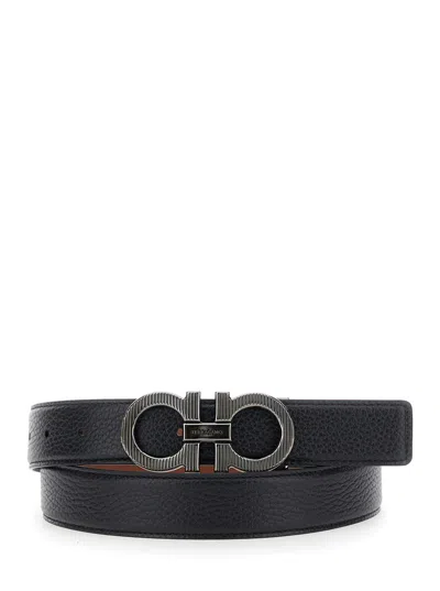 Ferragamo Black Reversible Belt With Gancini Buckle In Leather Man In Black