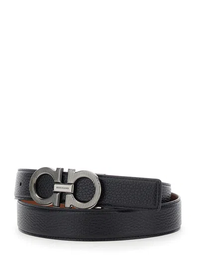 Ferragamo Black Reversible Belt With Gancini Buckle In Leather Man In Black