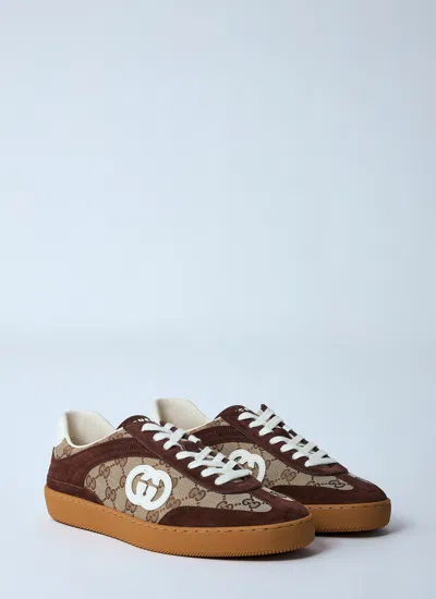 Gucci Men G75 Low-top Supreme Gg Fabric And Suede Sneakers In Brown