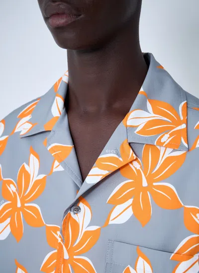 Gucci Multicolor Bowling Shirt With Cuban Collar And All-over Floral Print In Cotton Man In Gray