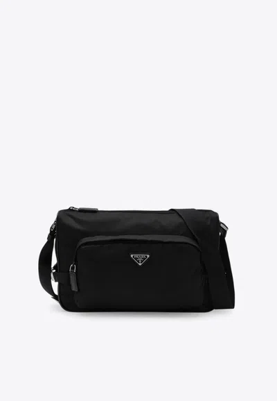 Prada Large Re-nylon And Saffiano Leather Shoulder Bag In Black