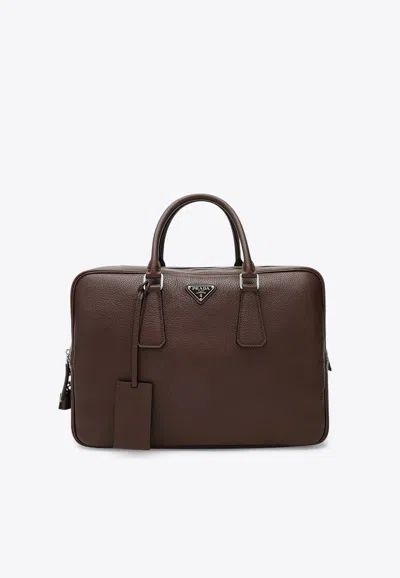Prada Triangle Logo Leather Briefcase In Brown
