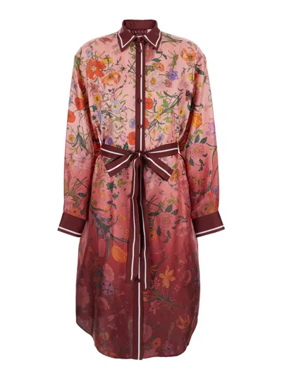Gucci Bordeaux Gradient Dress With Removable Belt And All-over Flora Print In Silk Woman In Multi