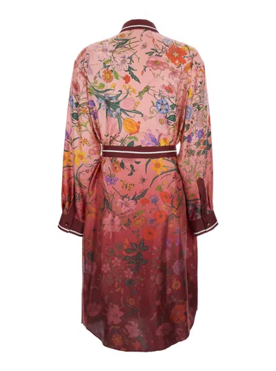 Gucci Bordeaux Gradient Dress With Removable Belt And All-over Flora Print In Silk Woman In Multi