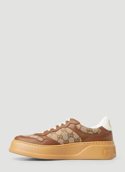 Gucci Textured Leather Sneakers With Branded Chunky Outsole In Brown