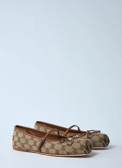 Gucci Women Gg Fabric Ballerinas With Iconic Horsebit In Brown
