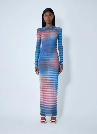Jean Paul Gaultier Mesh Striped Bodycon Maxi Dress In Blue