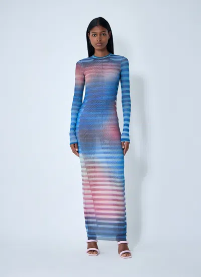 Jean Paul Gaultier Mesh Striped Bodycon Maxi Dress In Blue