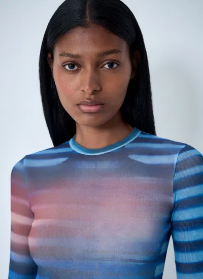 Jean Paul Gaultier Mesh Striped Bodycon Maxi Dress In Blue