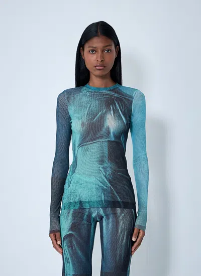 Jean Paul Gaultier Crew Neck Sheer Abstract Print Top In Blue