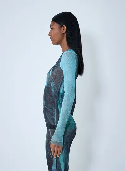 Jean Paul Gaultier Crew Neck Sheer Abstract Print Top In Blue