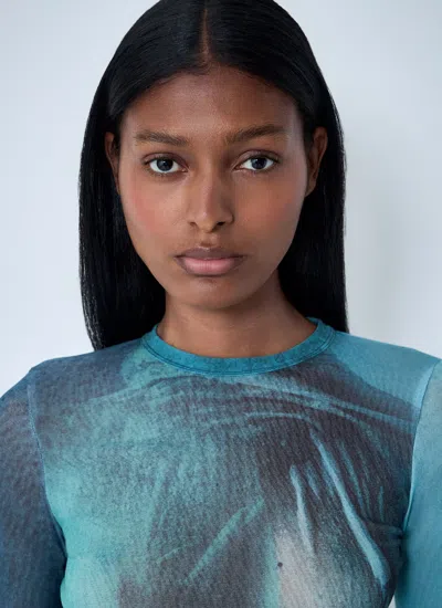 Jean Paul Gaultier Crew Neck Sheer Abstract Print Top In Blue