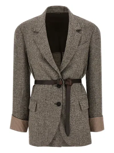 Brunello Cucinelli Giacca In Pied-de-poule Di Lana E Alpaca Con Cintura In Pelle E Monile In Gray