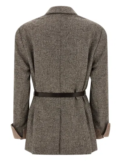 Brunello Cucinelli Giacca In Pied-de-poule Di Lana E Alpaca Con Cintura In Pelle E Monile In Gray
