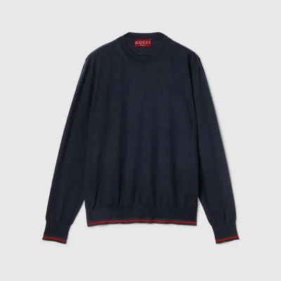 Gucci Black Crewneck Sweater With Web Detail In Ribbed Wool Blend Man In Blue