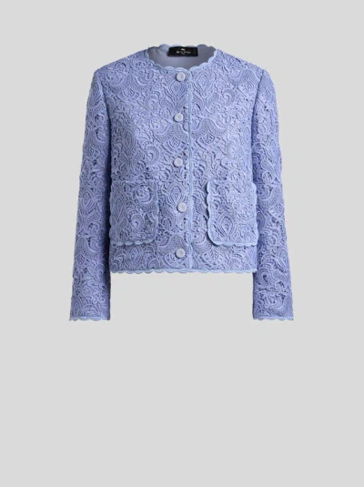 Etro Scalloped Corded Lace Jacket In Blue