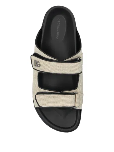 Dolce & Gabbana Canvas Slides With Two Straps In Neutral
