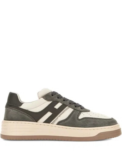 Hogan Grey White Leather Basket Cam Sneakers In Gray
