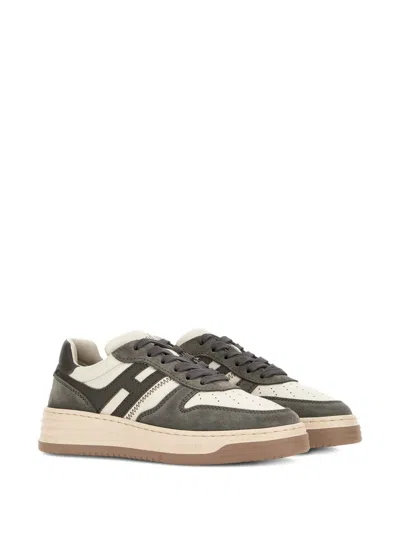 Hogan Grey White Leather Basket Cam Sneakers In Gray