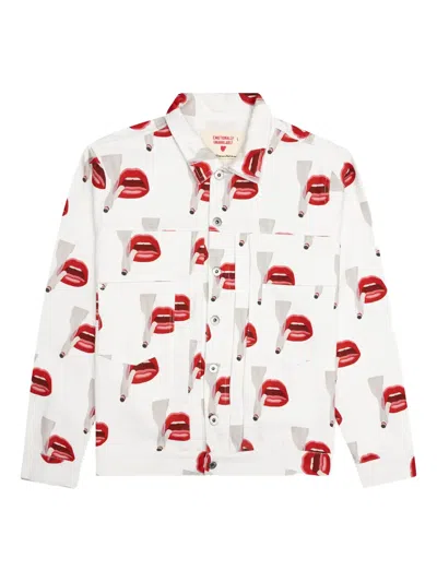 Emotionally Unavailable Smoking Lips Print Denim Jacket In White