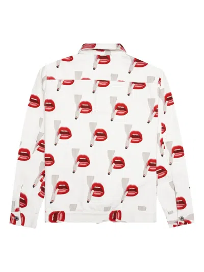 Emotionally Unavailable Smoking Lips Print Denim Jacket In White