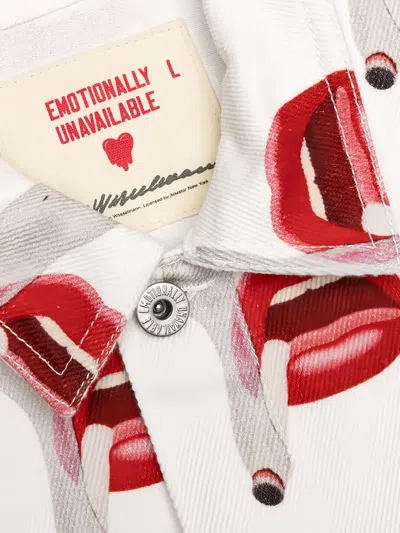 Emotionally Unavailable Smoking Lips Print Denim Jacket In White