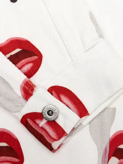 Emotionally Unavailable Smoking Lips Print Denim Jacket In White