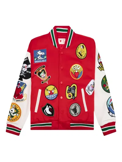 Emotionally Unavailable Embroidered-patches Bomber Jacket In Red
