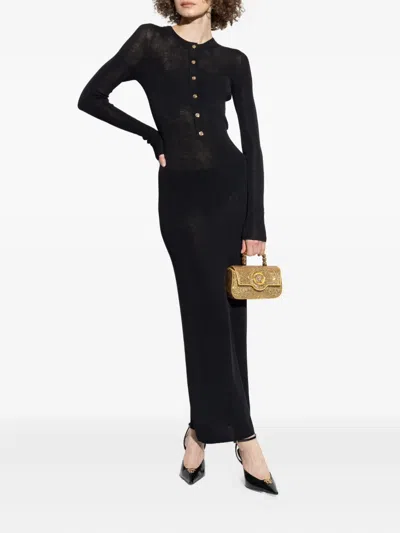 Versace Long Fitted Wool Dress With Gold-tone Button In Blue