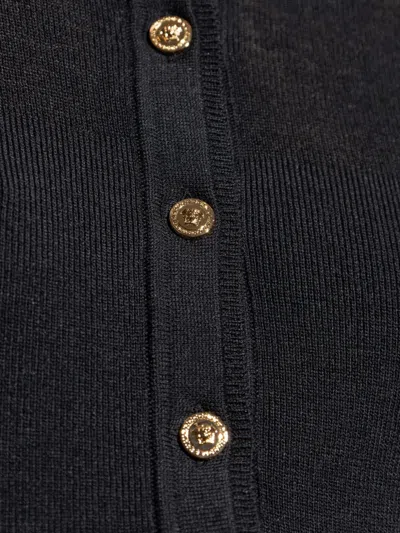 Versace Long Fitted Wool Dress With Gold-tone Button In Blue