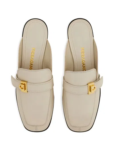 Ferragamo Hug Buckle Leather Mule In White